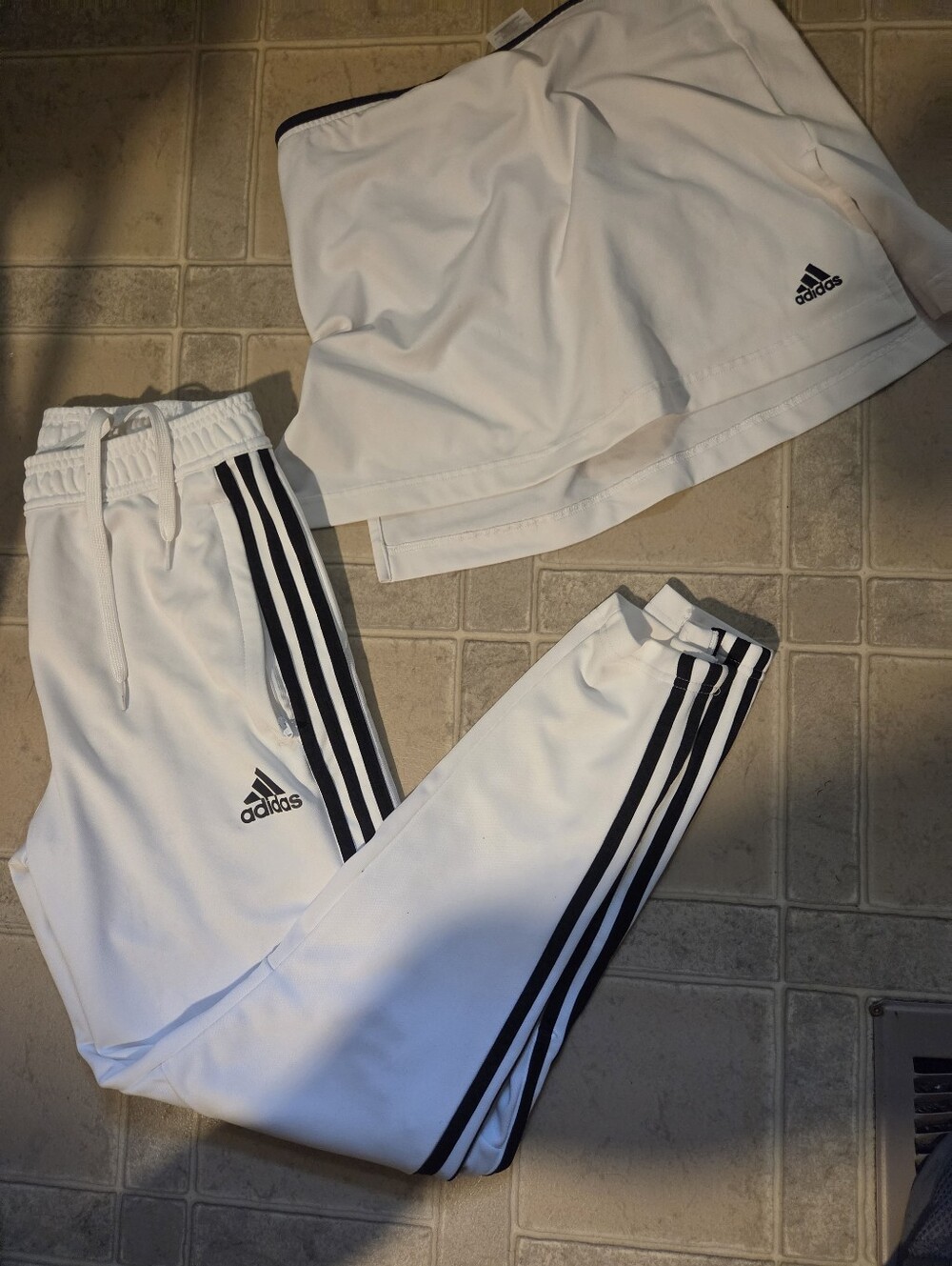 adidas White Womans Joggers and Skort Set with Black 3-Stripes